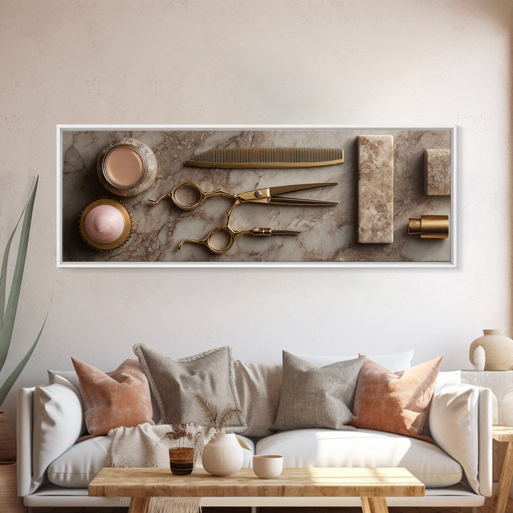 Gold Scissors and Comb Still Life on Framed Canvas Print, Hair Salon Art, Black and White Art, Living Room Decor, Style, HSA-3x1-90
