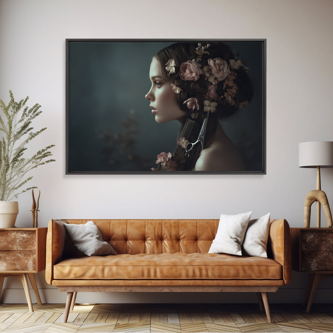 Botanical Hairstyle Portrait Framed Canvas Print, Hair Salon Art, Modern Art, Living Room Decor, Oil Painting, Style, HSA-3x2-10