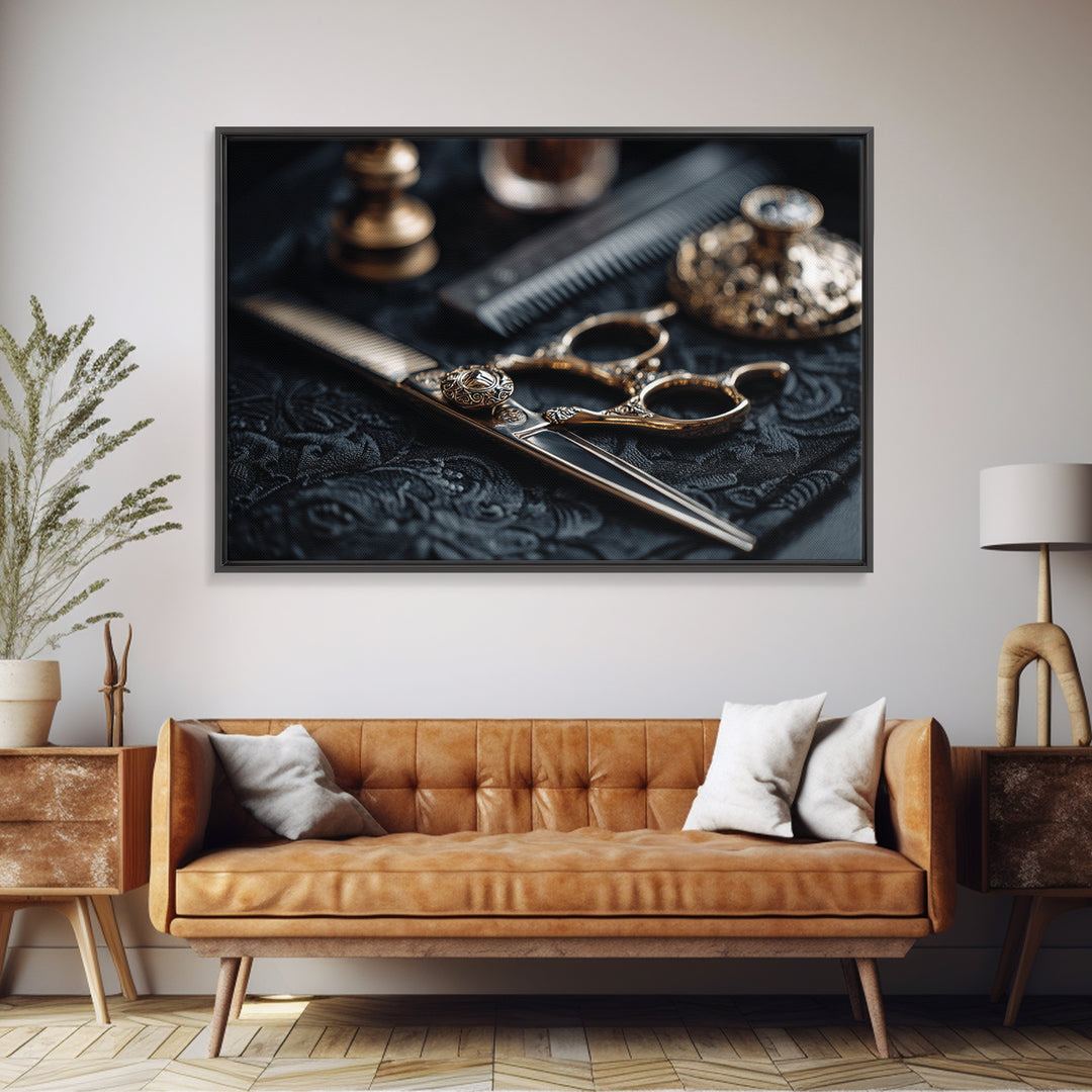 Luxury Black and Gold Beauty Emblem Framed Canvas Print, Hair Salon Art, Modern Decor, Living Room Decor, Oil Painting, Style, HSA-3x2-100