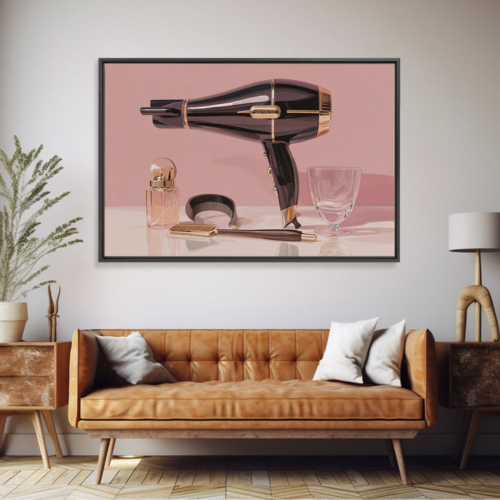 Hairdryer and Brush Framed Canvas Print, Hair Salon Art, African Art, Living Room Decor, Watercolor Art, Style, HSA-3x2-13