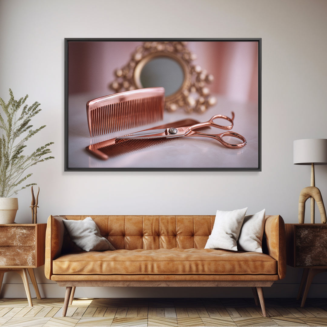 Rose Gold Salon Tool Still Life Framed Canvas Print, Hair Salon Art, Metal Wall Art, Living Room Decor, Fine Art, Style, HSA-3x2-18