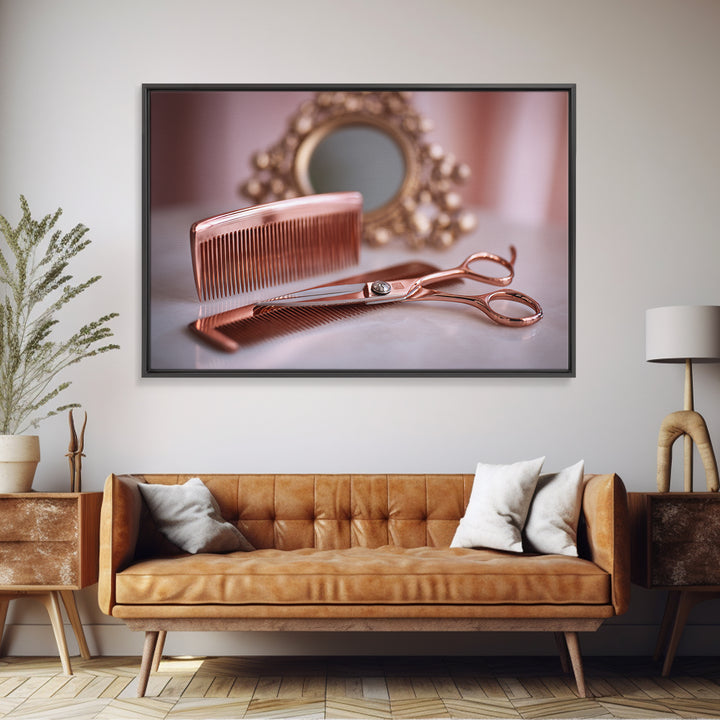 Rose Gold Salon Tool Still Life Framed Canvas Print, Hair Salon Art, Metal Wall Art, Living Room Decor, Fine Art, Style, HSA-3x2-18