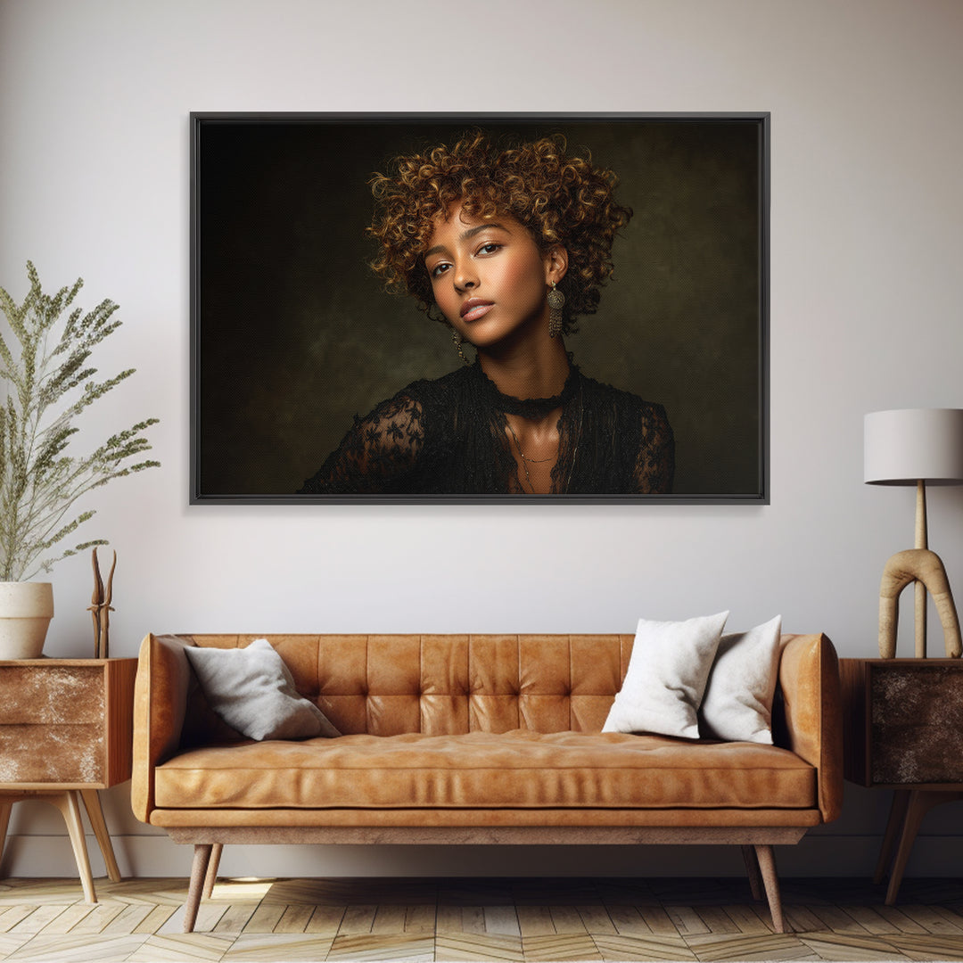 Curly Hair Portrait Framed Canvas Print, Hair Salon Art, Afrocentric Art, Living Room Decor, Fine Art, Style, Statement Artwork, HSA-3x2-19