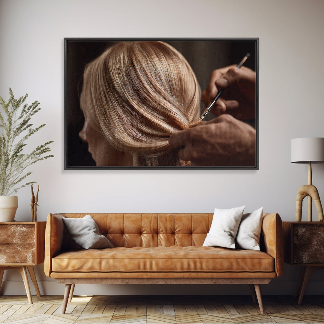Elegant Hands Styling Hair Framed Canvas Print, Hair Salon Art, Digital Prints, Living Room Decor, Style, Black Woman Art, HSA-3x2-2