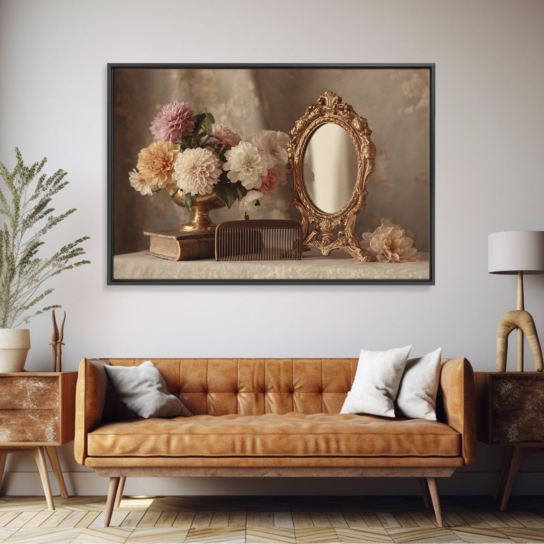 Baroque Mirror and Comb Still Life Canvas Print, Hair Salon Art, Black Owned Art, Living Room Decor, Fine Art, Style, HSA-3x2-21