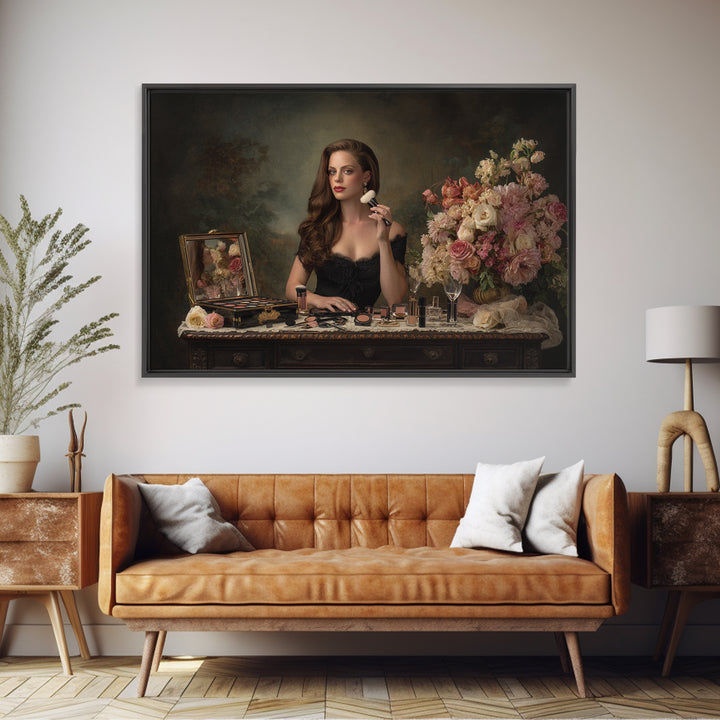 Makeup Palette and Flowers Arrangement Canvas Print, Hair Salon Art, Black Art, Living Room Decor, Watercolor Art, Style, HSA-3x2-22