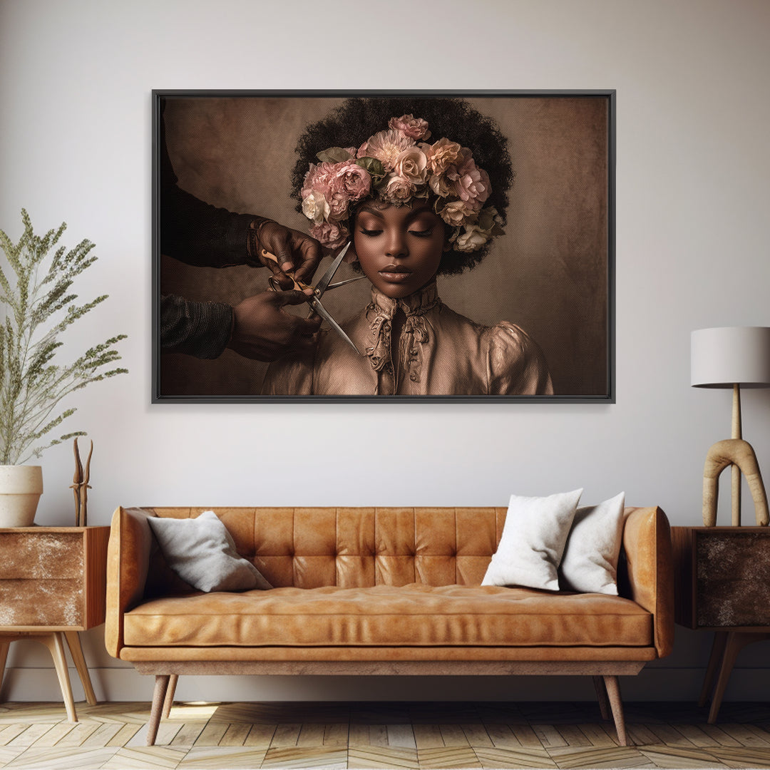 Afro Hair Portrait Framed Canvas Print, Hair Salon Art, African Art, Living Room Decor, Fine Art, Style, Girls Room Decor, HSA-3x2-24