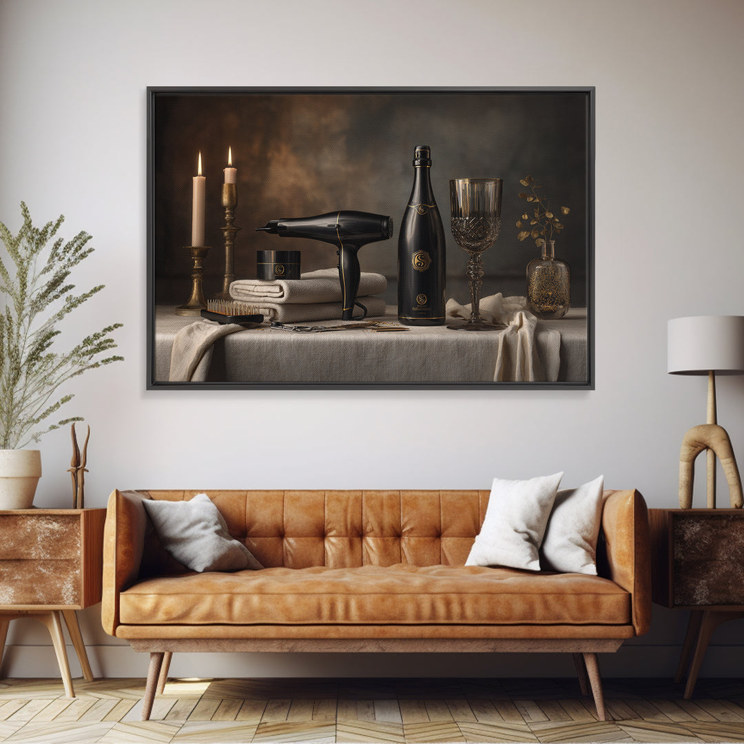 Luxury Black and Gold Beauty Emblem Framed Canvas Print, Hair Salon Art, Black Wall Art, Living Room Decor, Fine Art, Style, HSA-3x2-28
