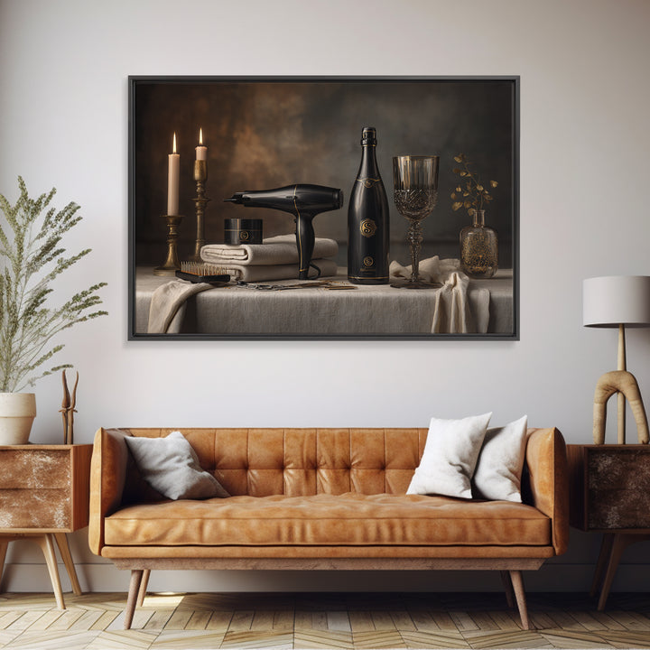 Luxury Black and Gold Beauty Emblem Framed Canvas Print, Hair Salon Art, Black Wall Art, Living Room Decor, Fine Art, Style, HSA-3x2-28