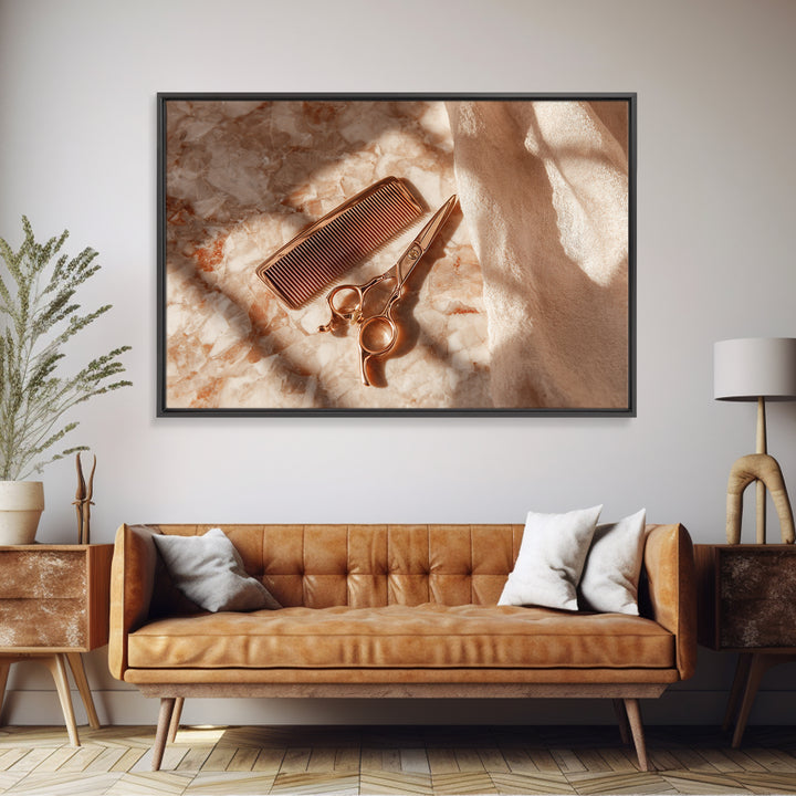 Gold Scissors and Comb Still Life on Canvas Print, Hair Salon Art, Black Woman Art, Living Room Decor, Fine Art, Style, HSA-3x2-30