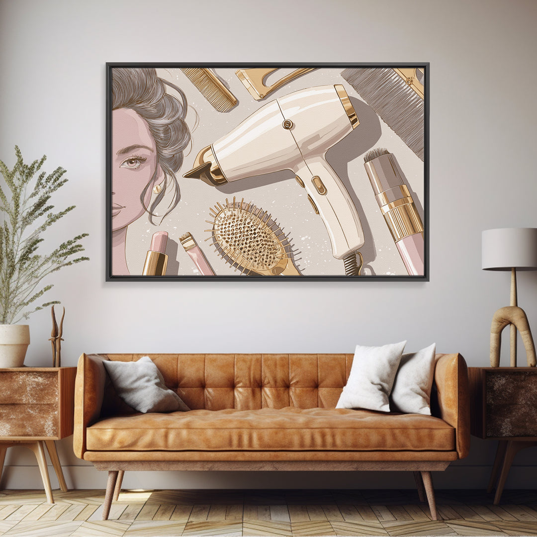Hairdryer and Brush Canvas Print, Hair Salon Art, Black Girl Art, Living Room Decor, Oil Painting, Style, Modern Decor, HSA-3x2-37