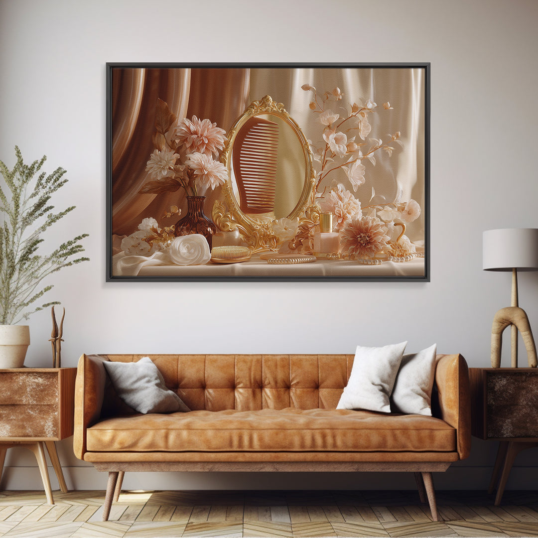Baroque Mirror and Comb Still Life Framed Canvas Print, Hair Salon Art, Afrocentric Art, Living Room Decor, Fine Art, Style, HSA-3x2-45