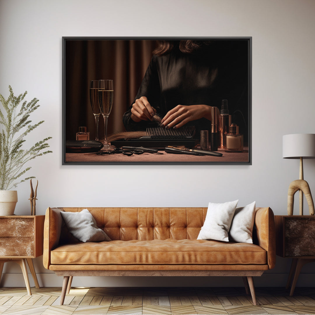 Elegant Hands Styling Hair Framed Canvas Print, Hair Salon Art, African Art, Living Room Decor, Oil Painting, Style, HSA-3x2-50