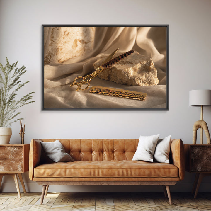 Gold Scissors and Comb Still Life on Canvas Print, Hair Salon Art, Black Woman Art, Living Room Decor, Fine Art, Style, HSA-3x2-54