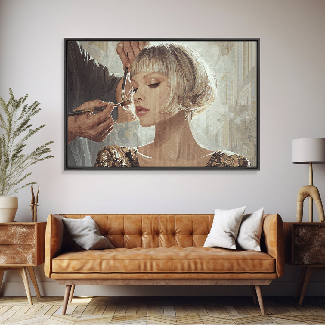 Woman with Dramatic Bob Haircut in Art Canvas Print, Hair Salon Art, Salon, Living Room Decor, Oil Painting, Style, HSA-3x2-56