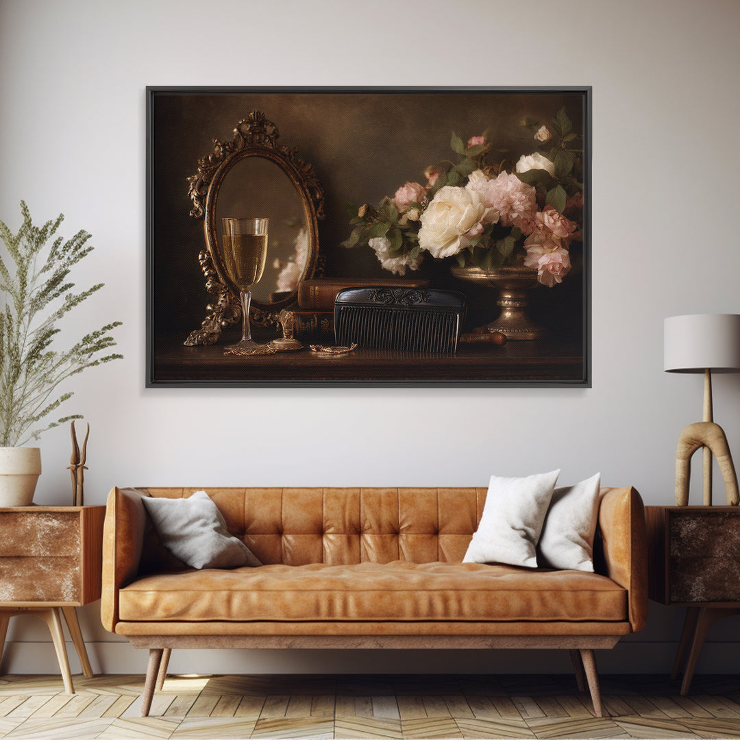 Baroque Mirror and Comb Still Life Framed Canvas Print, Hair Salon Art, Afrocentric Art, Living Room Decor, Fine Art, Style, HSA-3x2-69