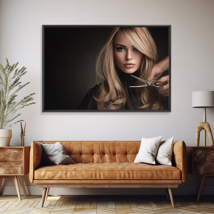 Elegant Hands Styling Hair Framed Canvas Print, Hair Salon Art, African Art, Living Room Decor, Oil Painting, Style, HSA-3x2-74