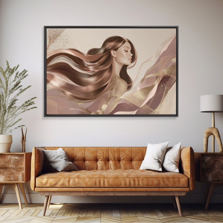 Fashion Portrait with Flowing Glossy Hair Framed Canvas Print, Hair Salon Art, Living Room Decor, Oil Painting, Style, HSA-3x2-77
