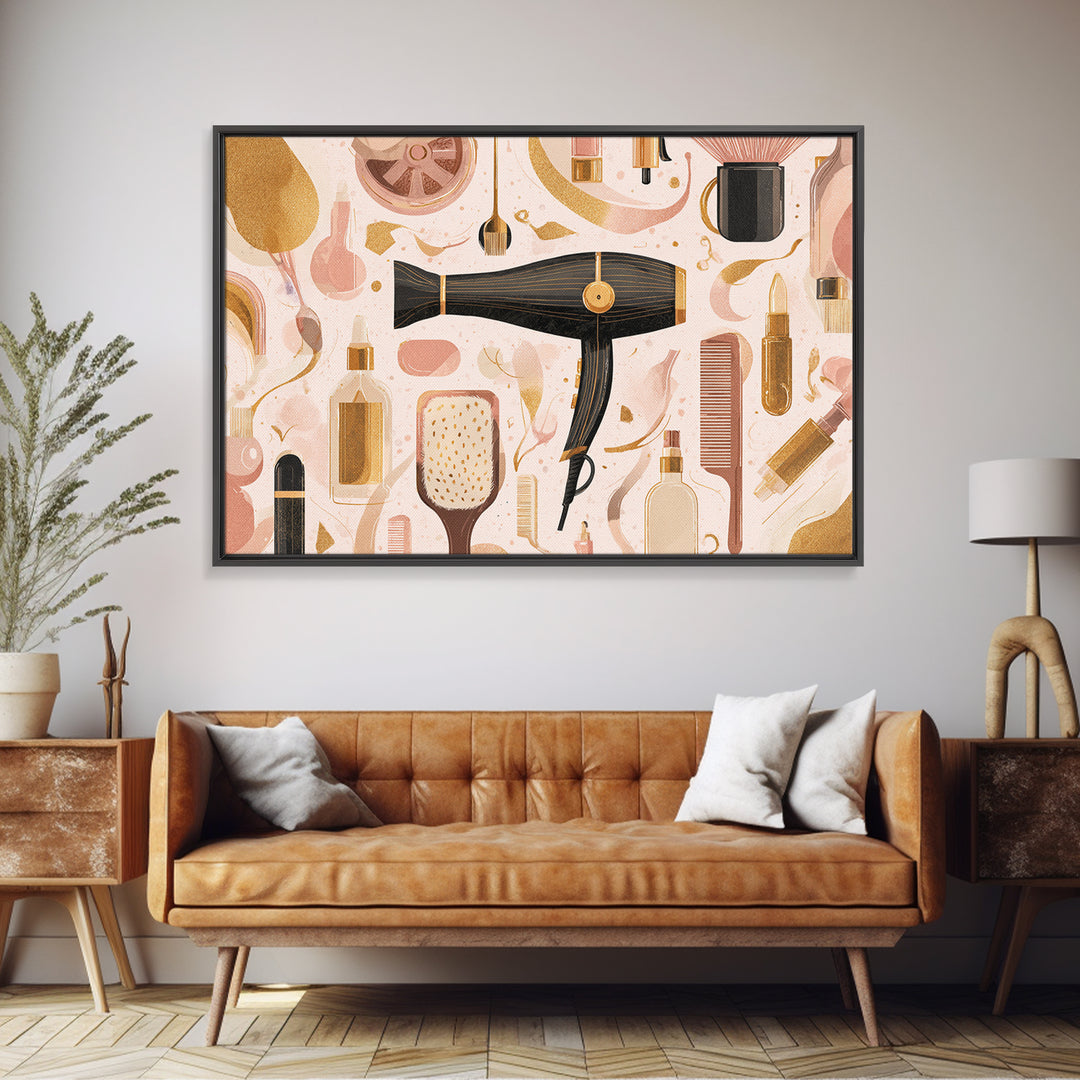 Hairdryer and Brush Framed Canvas Print, Hair Salon Art, Hairdresser Gift, Living Room Decor, Fine Art, Style, HSA-3x2-85