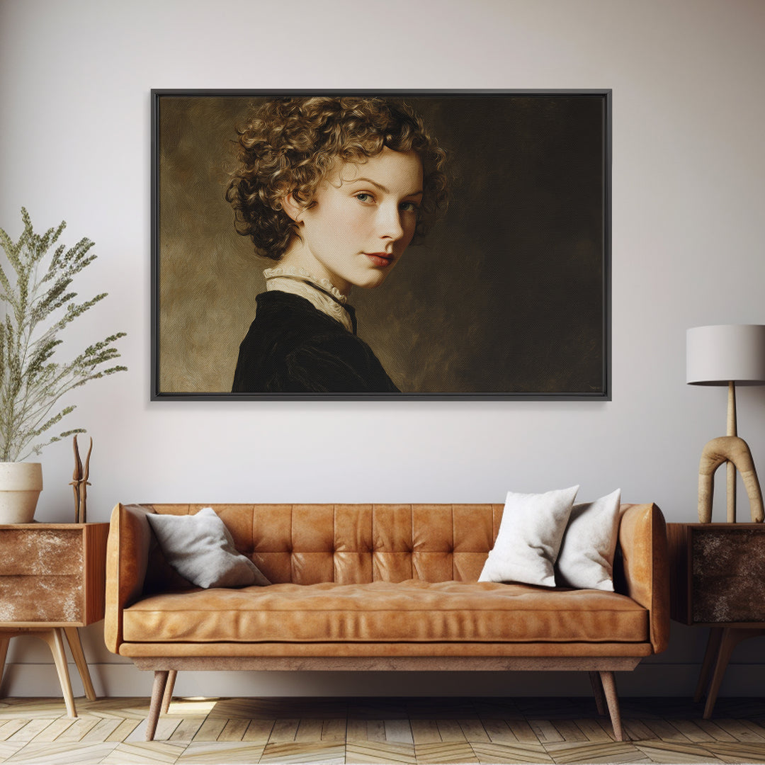 Curly Hair Portrait Framed Canvas Print, Hair Salon Art, Art, Living Room Decor, Oil Painting, Style, Black Art Prints, HSA-3x2-91