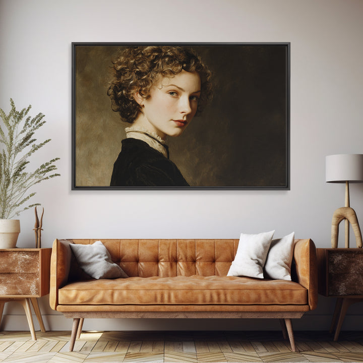 Curly Hair Portrait Framed Canvas Print, Hair Salon Art, Art, Living Room Decor, Oil Painting, Style, Black Art Prints, HSA-3x2-91