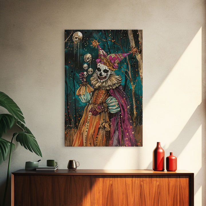 Halloween Sinister Clown in Dark Forest Framed Canvas Print, Creepy Wall Art, Home Decor, Horror Decor, Gift Idea, Spooky Carnival