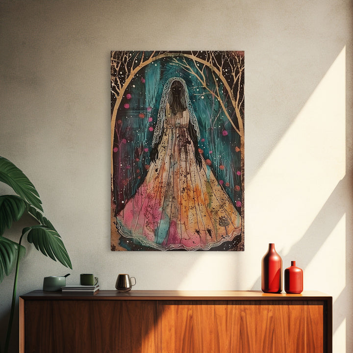 Halloween Veiled Ghost in Cemetery, Framed Canvas Print, Wall Art, Living Room Decor, Spooky, Ghost Art, Original Painting, Home Decor