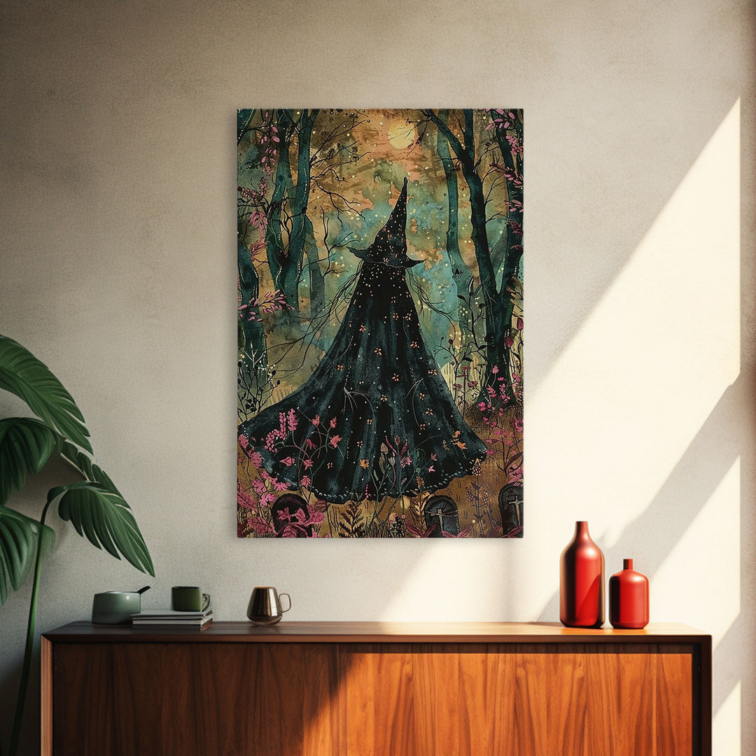 Halloween Witch in Dark Forest, Framed Canvas Print, Wall Art, Living Room Decor, Spooky, Witch Art, Original Painting, Home Decor