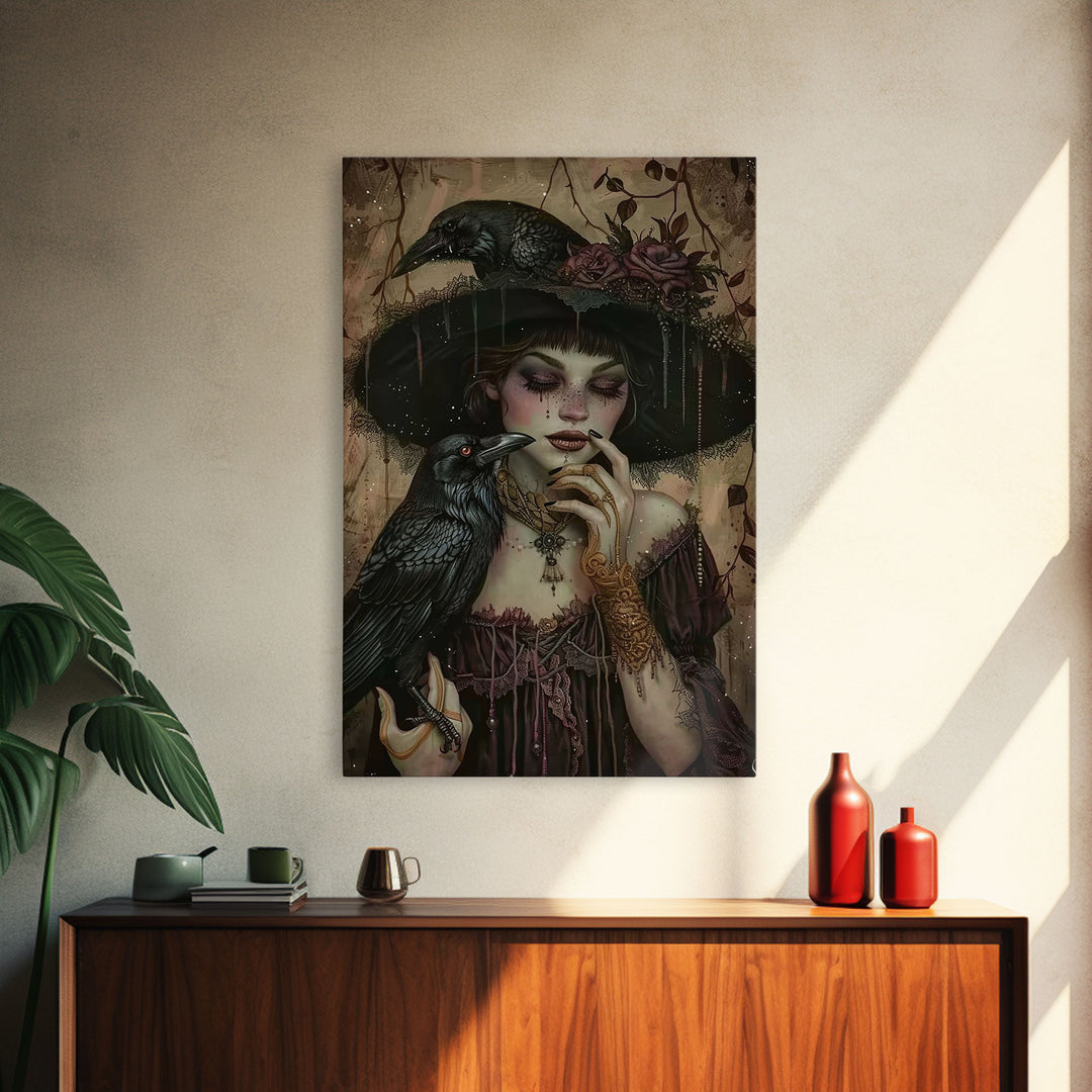 Cottage Core Witch With Raven Framed Canvas Print, Halloween Wall Decor / Wall Art, Spooky Witch, Spooky Month Gift Idea