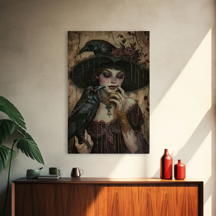 Cottage Core Witch With Raven Framed Canvas Print, Halloween Wall Decor / Wall Art, Spooky Witch, Spooky Month Gift Idea