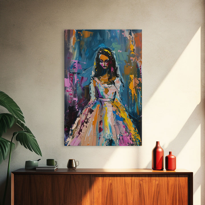 Halloween Bride with Colorful Dress, Framed Canvas Print, Wall Art, Living Room Decor, Spooky, Bride Art, Original Painting, Home Decor
