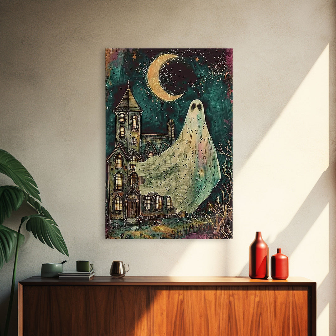 Halloween Ghost with Colorful Background, Framed Canvas Print, Wall Art, Spooky Decor, Halloween Decoration, Living Room Art, Unique Gift