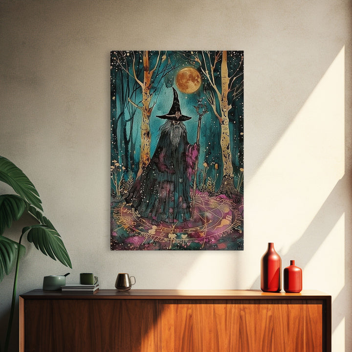 Halloween Wizard in Forest, Framed Canvas Print, Wall Art, Home Decor, Spooky Artwork, Magic Decor, Halloween Decor Painting, Holiday Decor