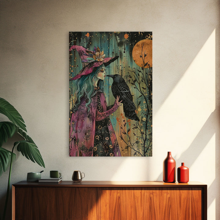 Cottage Core Witch With Raven Framed Canvas Print, Halloween Wall Decor / Wall Art, Spooky Witch, Home Decor For Witches, Scary Art