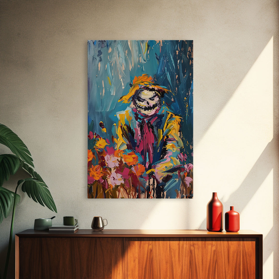 Colorful Scarecrow in Flower Field Framed Canvas Print | Halloween Art | Whimsical Spooky Art | Playful Scarecrow Art for Home Decor