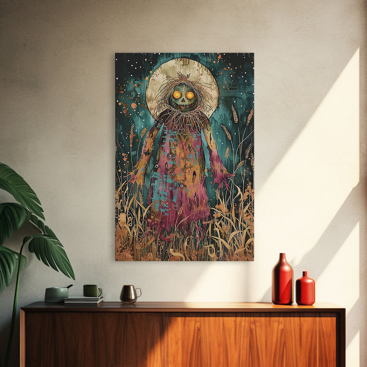 Creepy Moonlit Scarecrow Framed Canvas Print | Halloween Art | Spooky Harvest Artwork | Sinister Scarecrow Art for Home Decor
