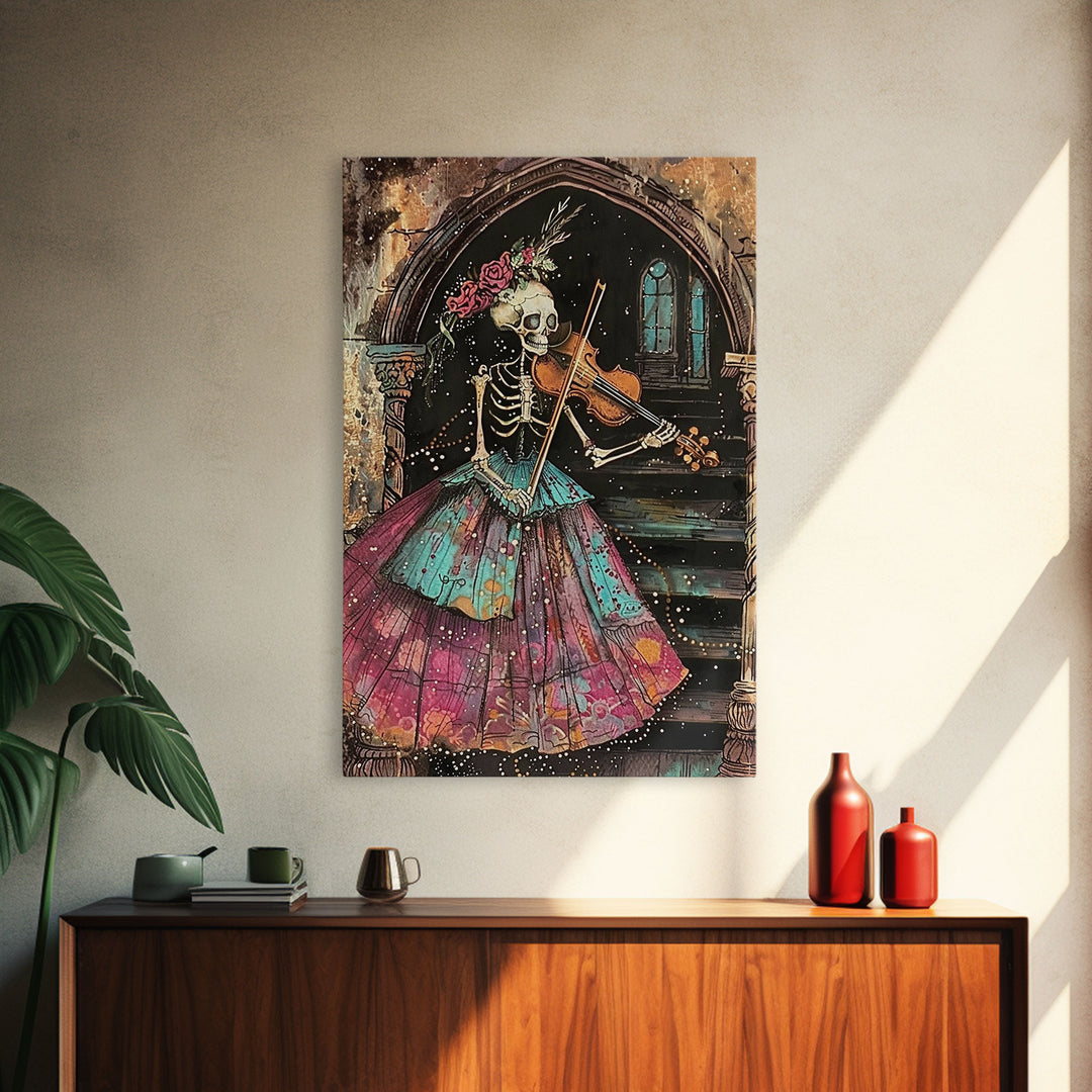 Elegant Skeleton Violinist in Gown Framed Canvas Print, Halloween Art, Creepy Wall Art, Spooky Home Decor, Art, Vintage Living Room Decor