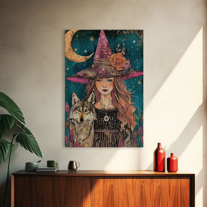 Cottage Core Witch Portrait Framed Canvas Print, Witch Art, Witch and Wolf Familiar, Colorful Springtime Witch Art