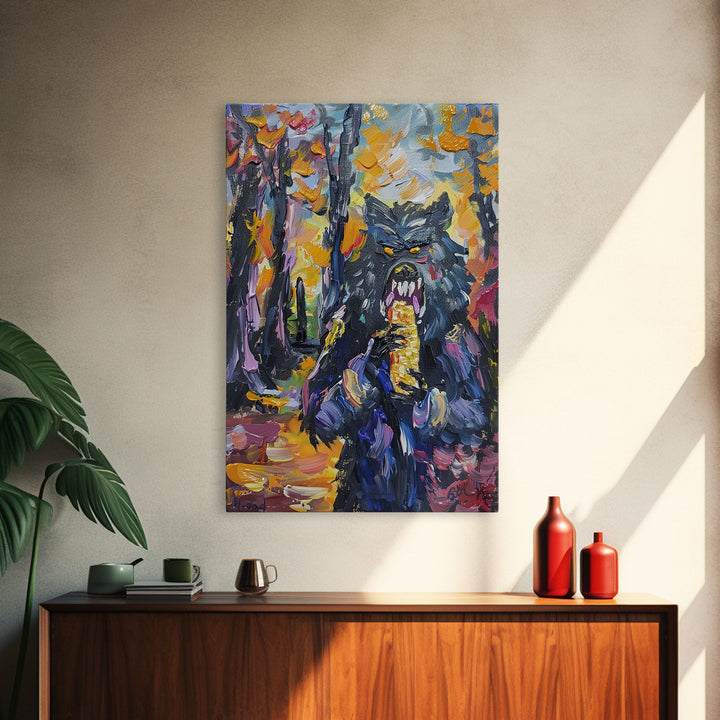 Halloween Art with a Man Holding a Hamburger, Capturing Horror and Humor in One Spooky Wall Art Piece