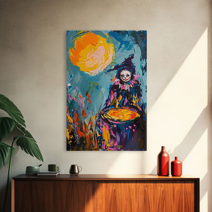 Colorful Witch Mixing Potions Framed Canvas Print | Halloween Witch Art | Vibrant Witch Decor for Home | Whimsical Halloween Artwork