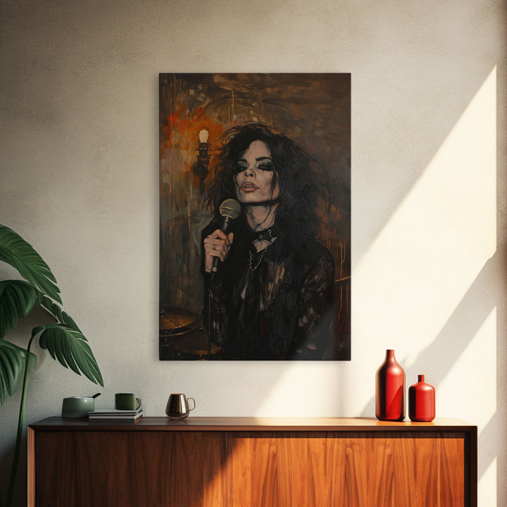Gothic Singer with Dark Makeup - Halloween Art, Gothic Art, Spooky Decor Haunted Concert Dark Music Art, Eerie Portrait, Framed Canvas Print