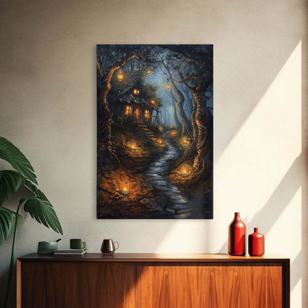 Spooky Cottage in Forest, Halloween Art, Spooky Wall Decor, Framed Canvas Print, Creepy Art, Halloween Wall Decor, Seasonal Wall Art