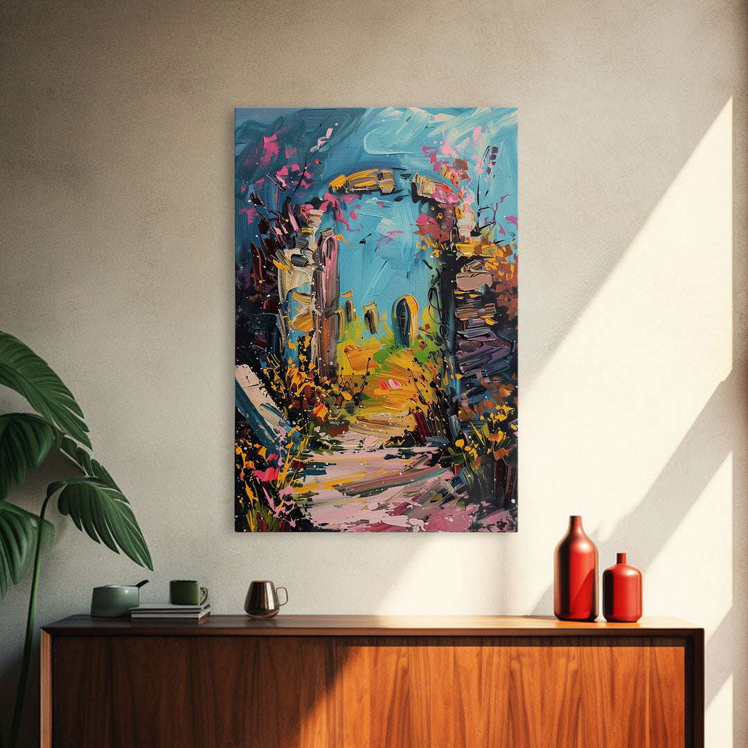 Ruined Archway Framed Canvas Print, Halloween Art, Haunted Garden, Spooky Ruins, Eerie Pathway, Fall Decor, Gothic Wall Art, Haunted Decor