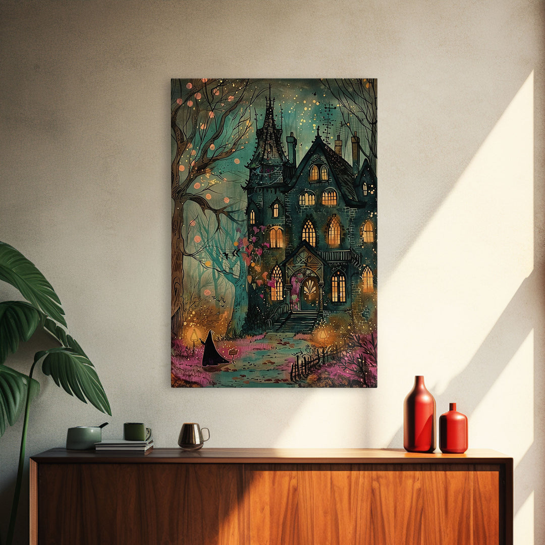 Haunted Mansion On Halloween, Framed Canvas Print, Spooky Vibes Wall Art