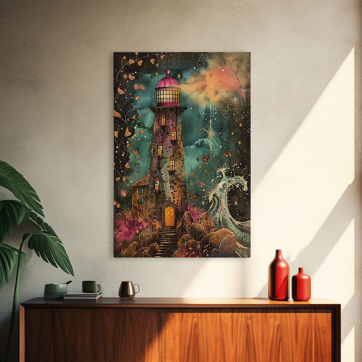 The Haunted Light House Framed Canvas Print, Retro Style Halloween Decor, Cottage Core Halloween Art
