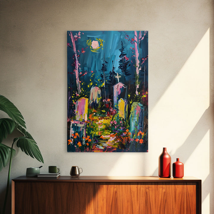 Colorful Cemetery Under Full Moon Framed Canvas Print, Wall Art, Vibrant Home Decor, Halloween Graveyard Painting Spooky Art Halloween Decor