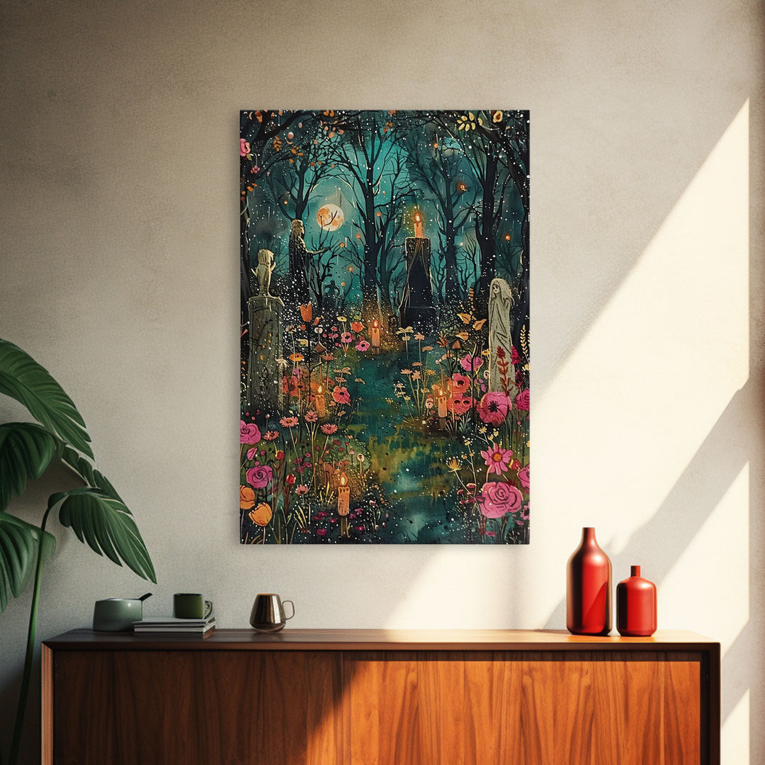 Haunted Graveyard with Flowers Framed Canvas Print, Wall Art, Halloween Cemetery Art, Spooky Home Decor, Ghostly Garden Painting
