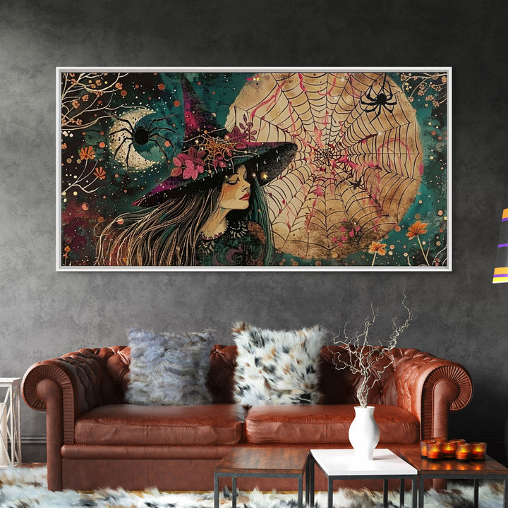 Cottage Core Witch, Halloween Art, Witch Decor, Spooky Witch, Framed Canvas Print, Halloween products