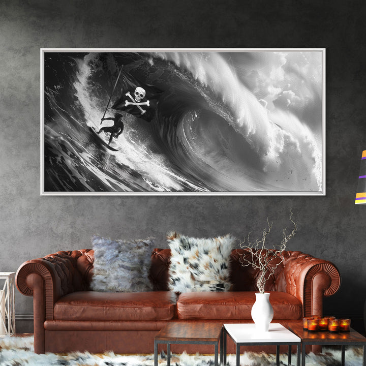Pirate Surf - Framed Canvas Print - Black & White Photography Style Wall Art - Skull and Cross Bones Wall Art - Manly Decor - Mancave