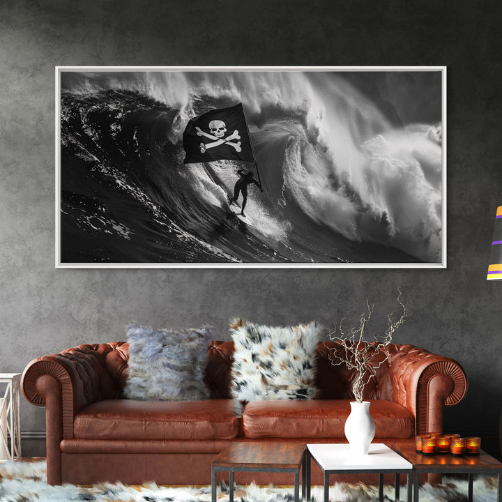 Surfer Waving A Skull and Crossbones Flag While Surfing - Framed Canvas Print - Cool Modern Art - Office / Mancave Decor Gift For Him